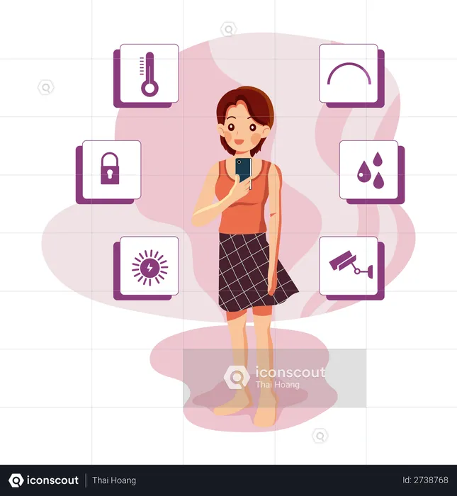 Girl controlling smart devices using her mobile  Illustration