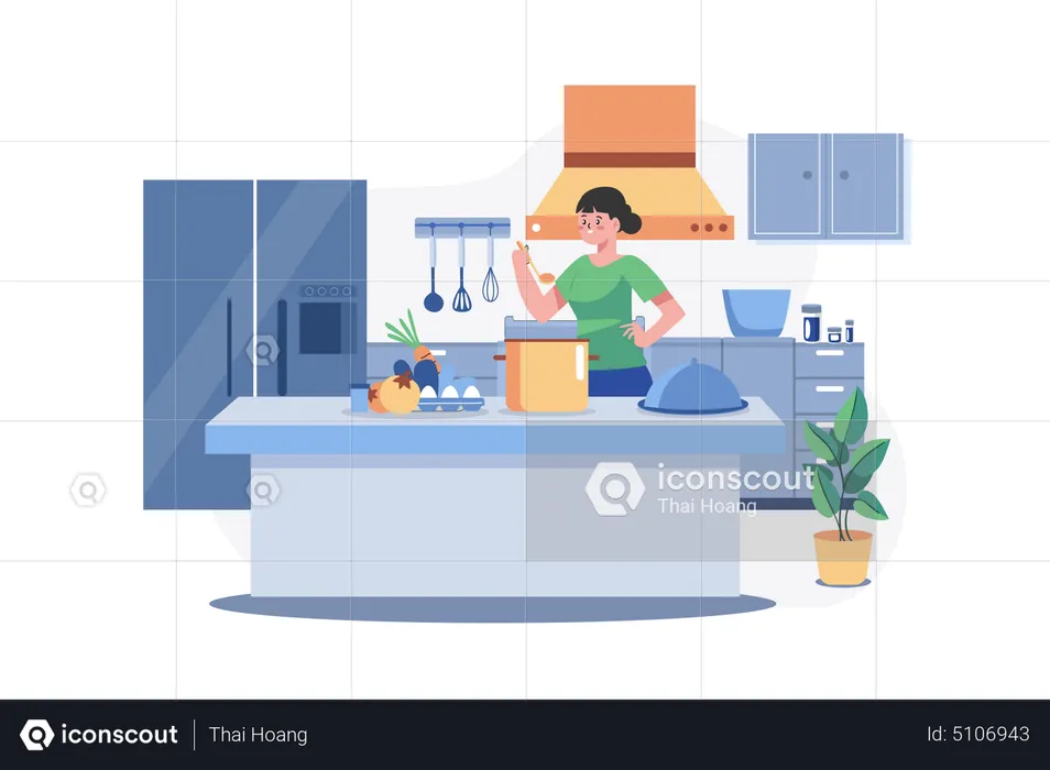 Girl cooking food at the kitchen desk  Illustration