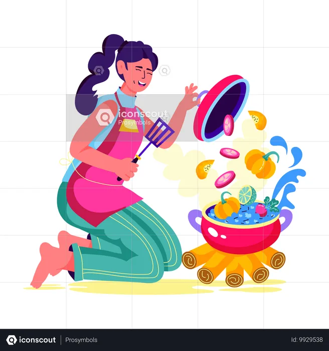 Girl cooking food on campfire  Illustration