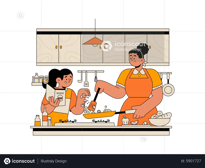 Girl cooking food with mother  Illustration