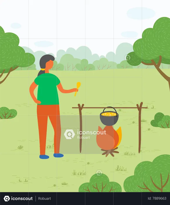 Girl Cooking Outdoor  Illustration