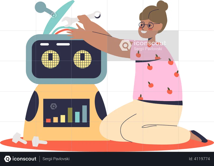Girl create robot using tools  Illustration