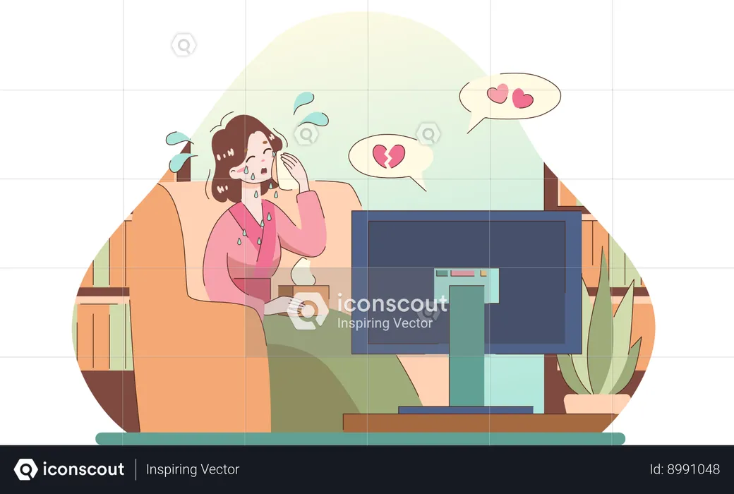 Girl crying after watching heart broken sense  Illustration