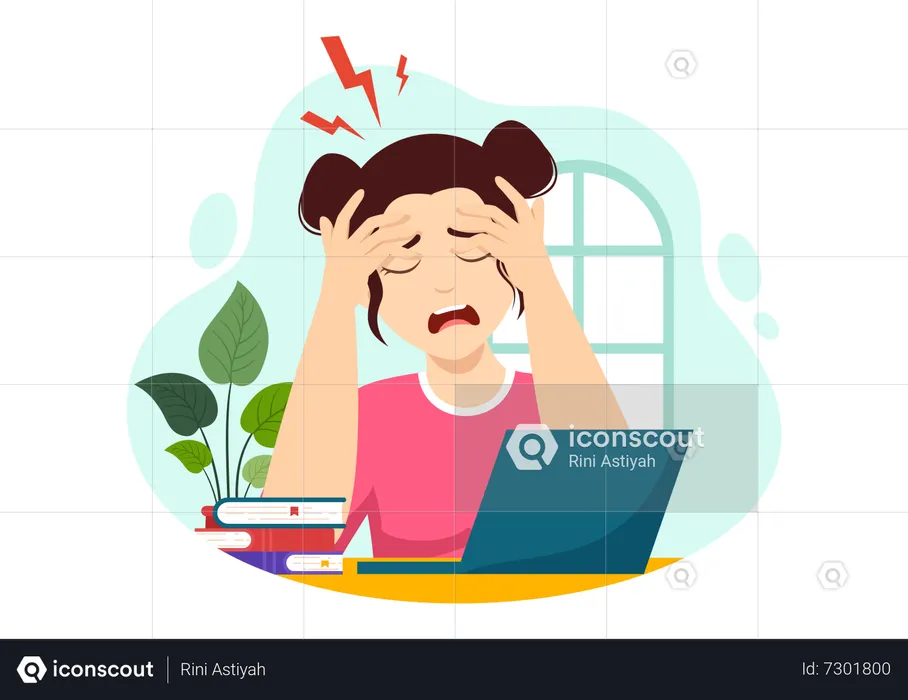 Girl crying and having Migraine pain  Illustration