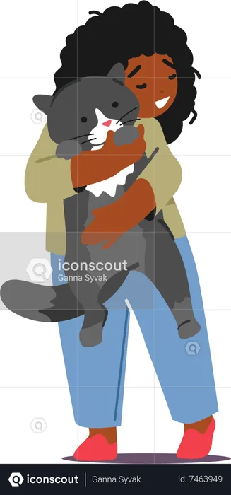 Girl cuddling beloved cat  Illustration