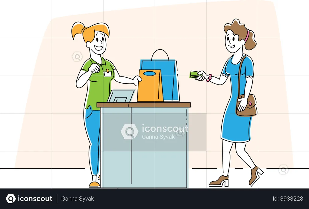 Girl Customer with Goods in Paper Bags Stand at Cashier Desk Paying for Purchases by Credit Cards  Illustration