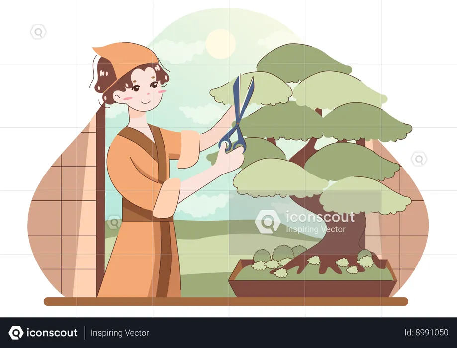 Girl cutting bonsai tree  Illustration