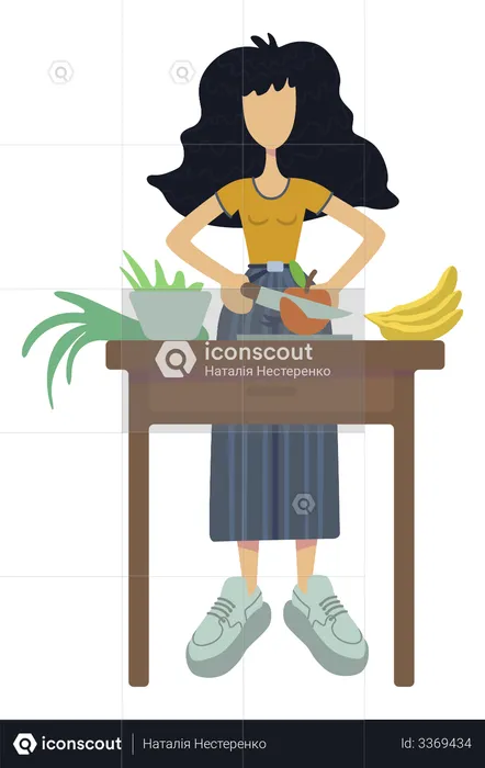 Girl cutting fruits for diet meal  Illustration