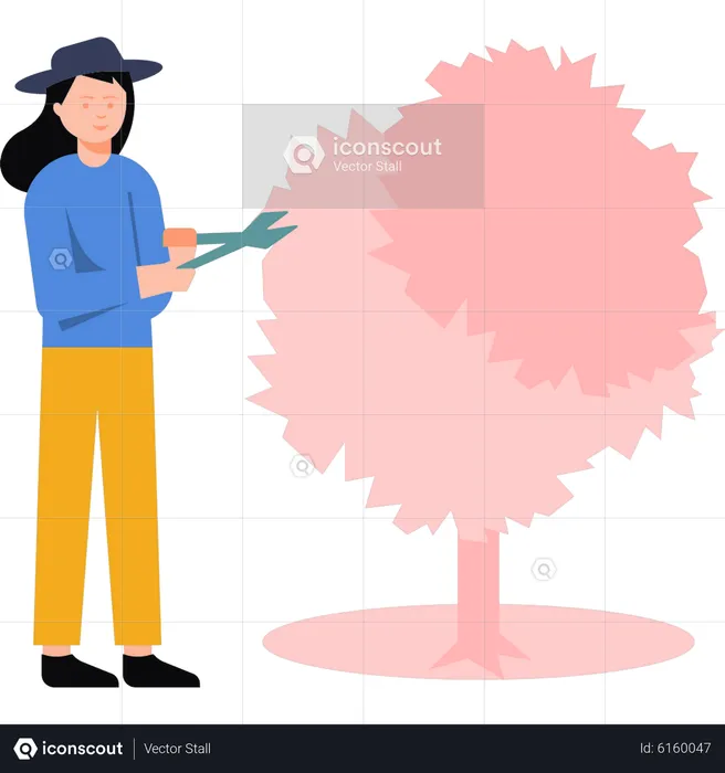 Girl cutting leaves from tree  Illustration