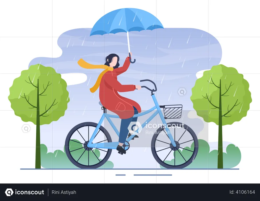 Girl cycling while holding umbrella  Illustration