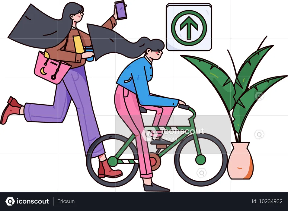 Girl cycling while woman running for transport  Illustration