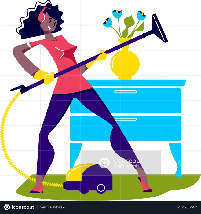 Girl dancing while cleaning room with vacuum cleaner  Illustration