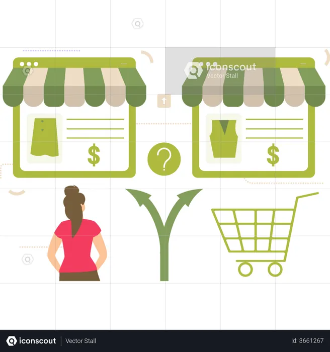 Girl Deciding product to buy from online shopping store  Illustration