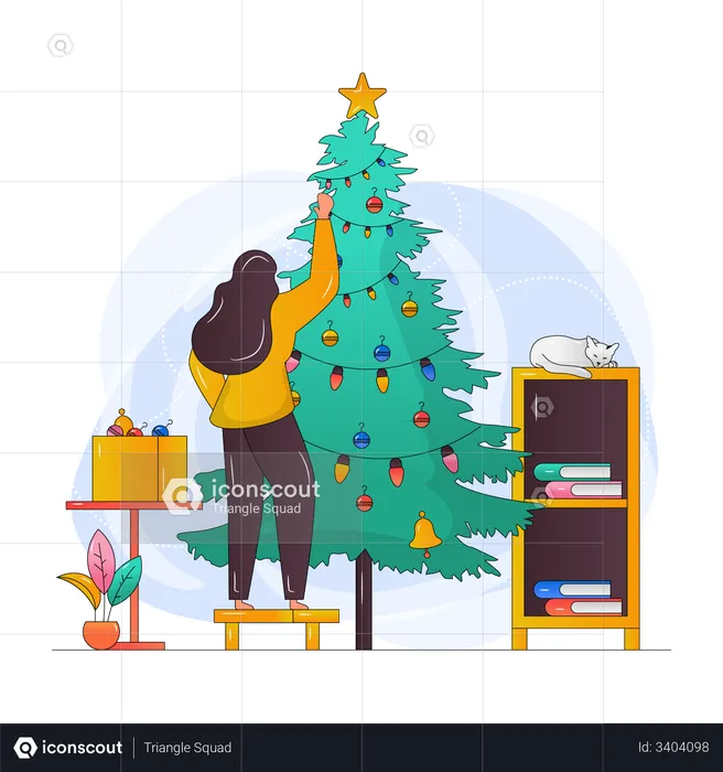 Girl Decorating Christmas Tree  Illustration
