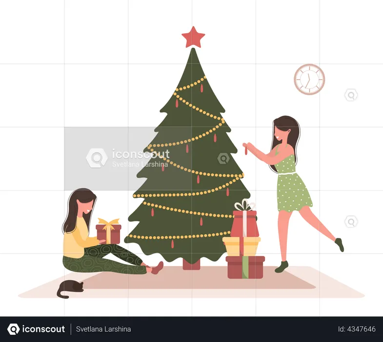 Girl decorating Christmas tree  Illustration