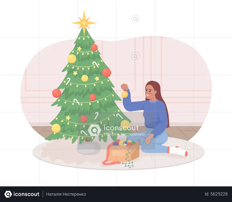 Girl Decorating Christmas tree  Illustration