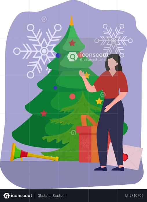 Girl decorating christmas tree  Illustration