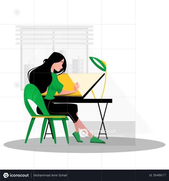 Girl designer working at home  Illustration