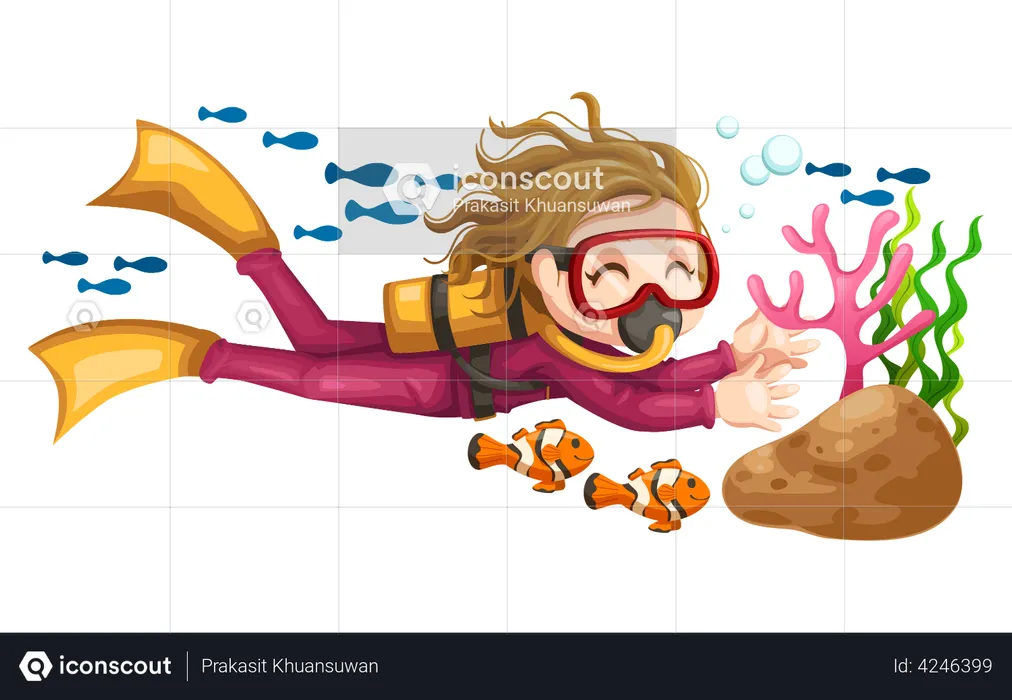 Girl diving underwater and enjoying coral  Illustration