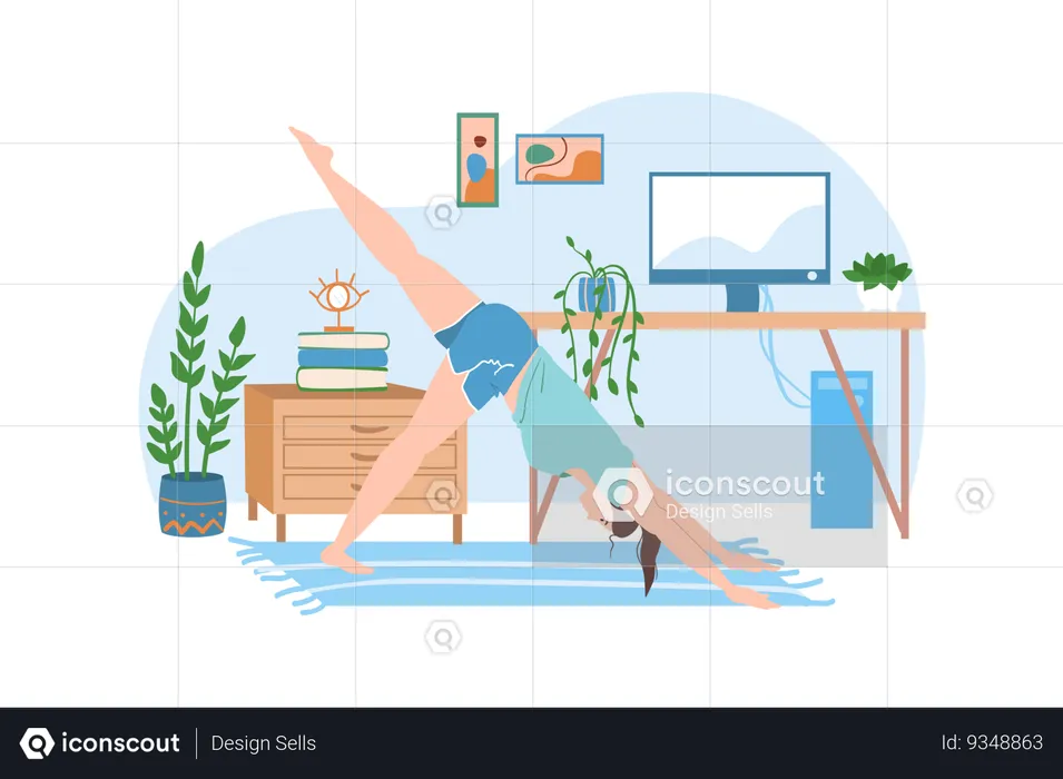 Girl do physical exercises to rest from work tasks  Illustration