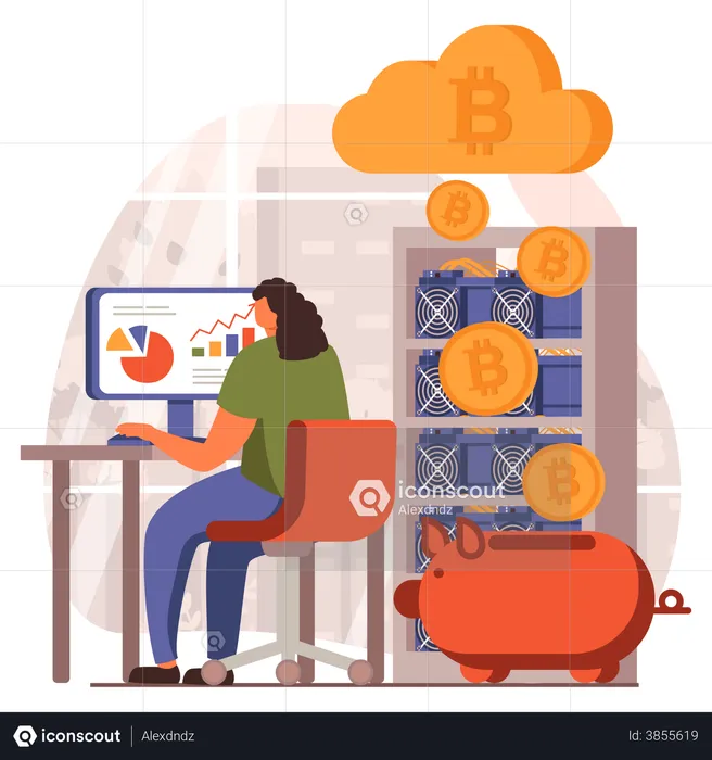 Girl doing bitcoin savings and analysis market  Illustration