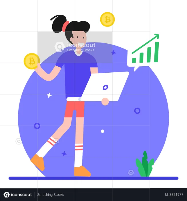 Girl Doing Bitcoin Trading  Illustration