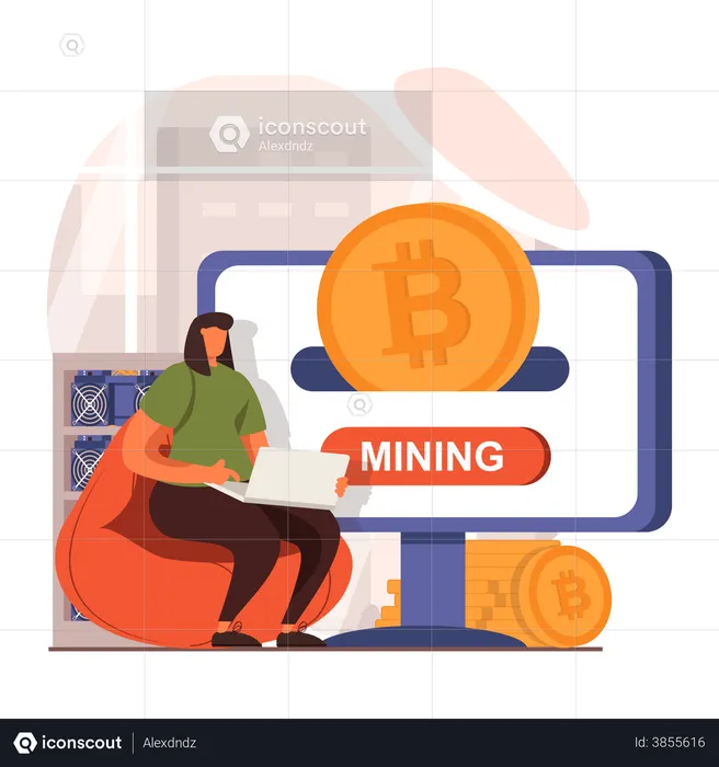 Girl doing crypto mining after investing in bitcoin  Illustration