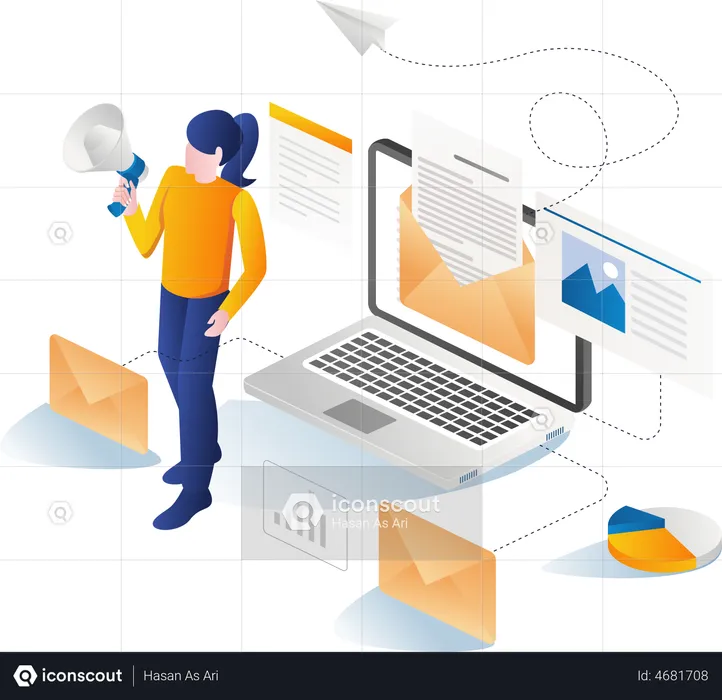 Girl doing digital email marketing  Illustration