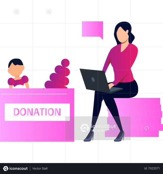 Girl doing donation work on laptop  Illustration