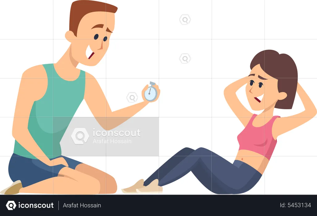 Girl doing exercise with gym trainer  Illustration