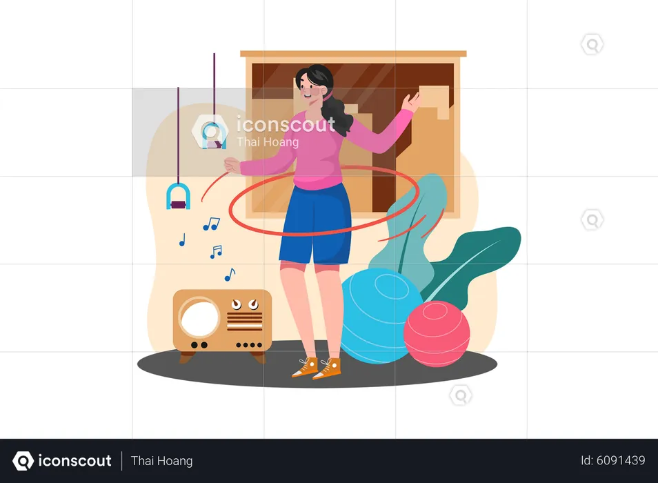 Girl doing Hula Hoop at home  Illustration