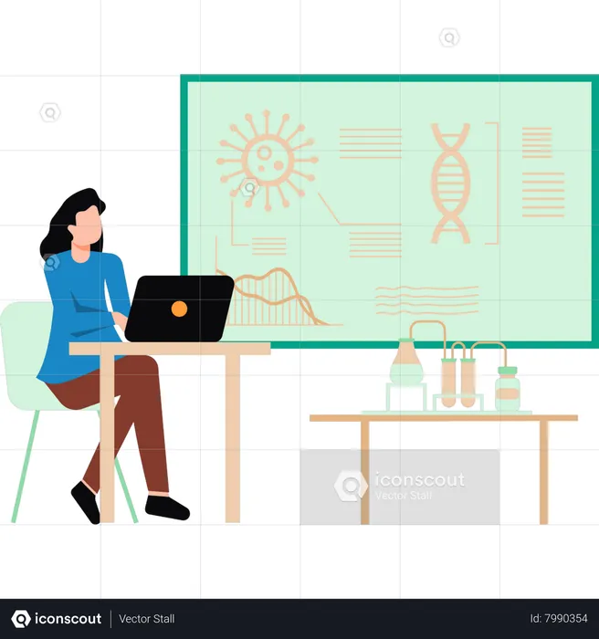 Girl doing medical research on laptop  Illustration