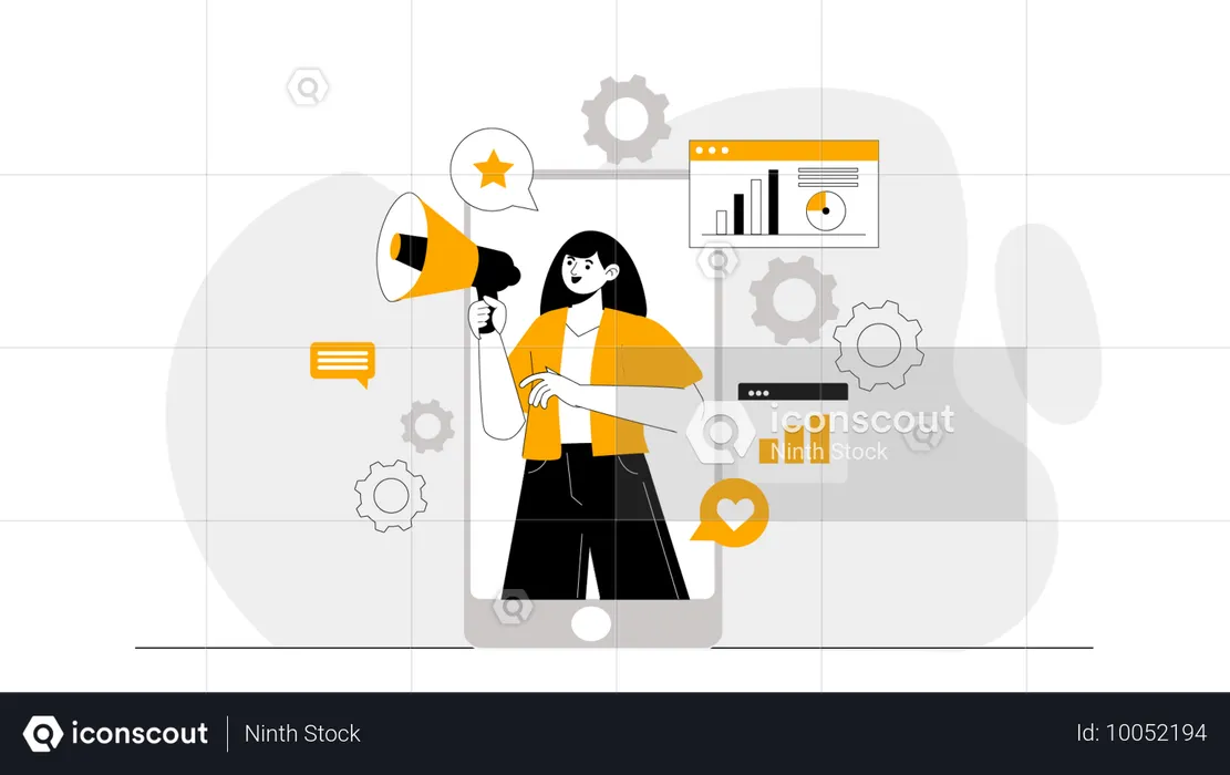 Girl doing mobile marketing while looking marketing analysis  Illustration