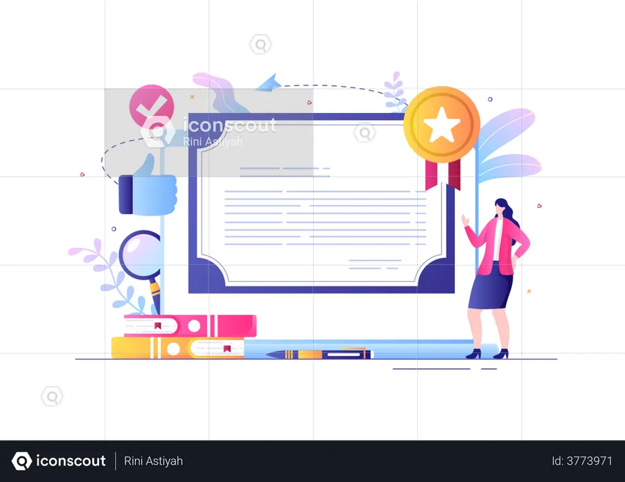 Girl doing online course certification  Illustration