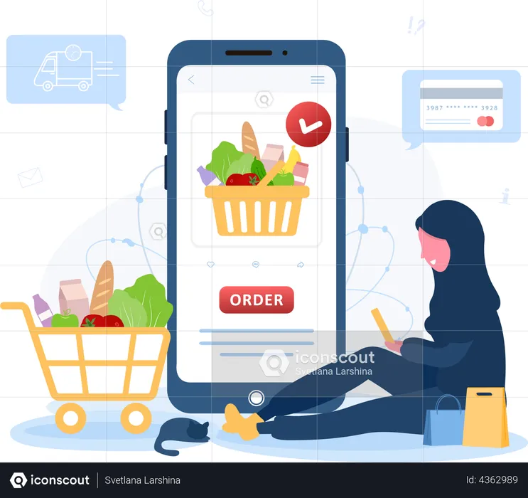 Girl doing online Grocery shopping  Illustration