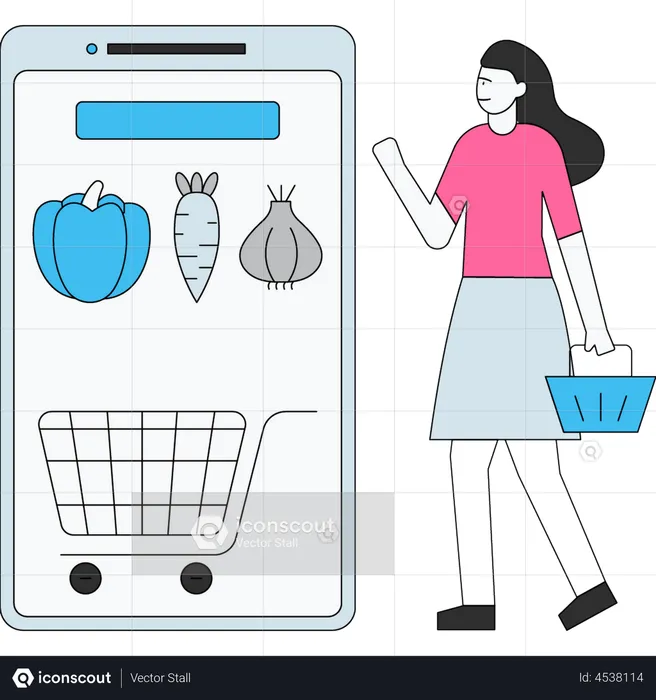 Girl doing online grocery shopping  Illustration