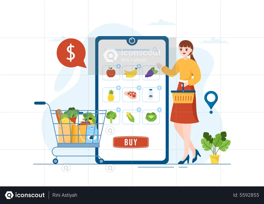 Girl doing online Grocery shopping  Illustration