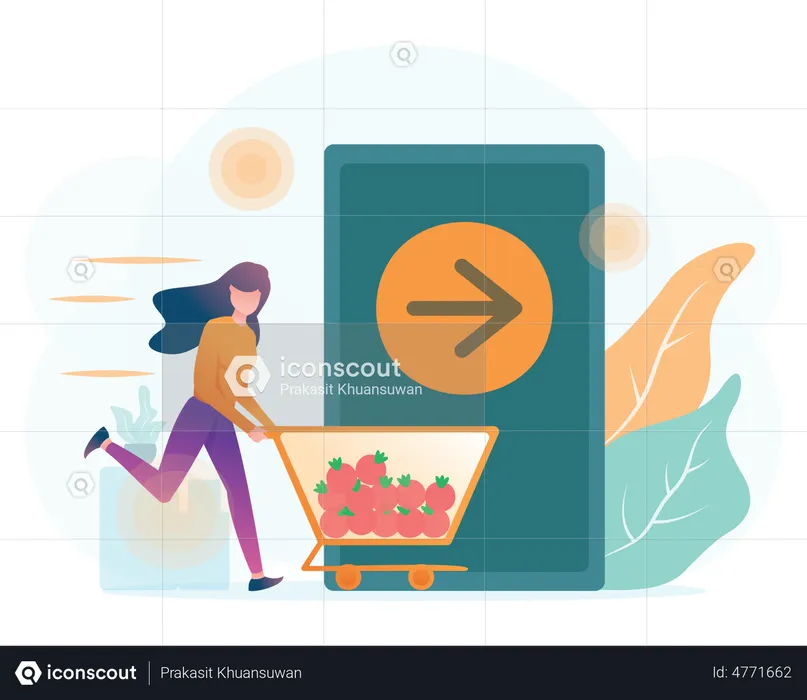 Girl doing online grocery shopping  Illustration