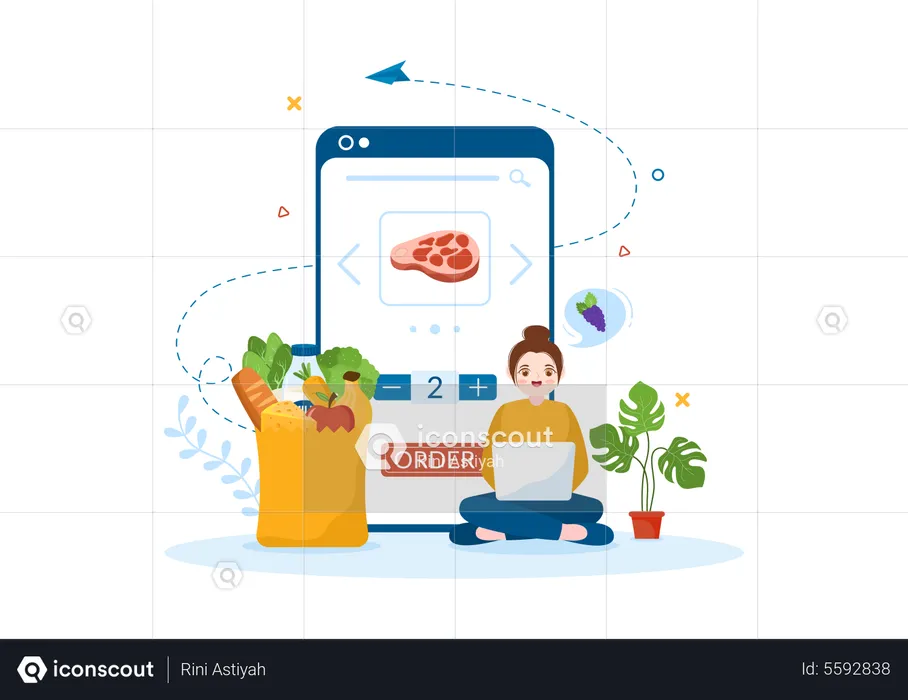 Girl doing Online Grocery shopping  Illustration