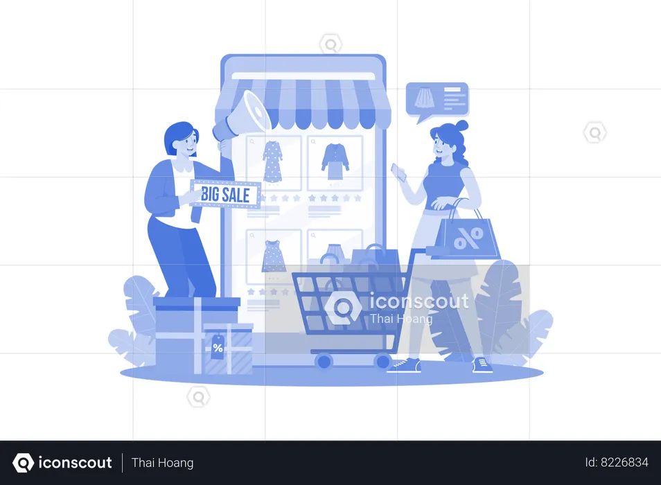 Girl doing online shopping on big sale  Illustration