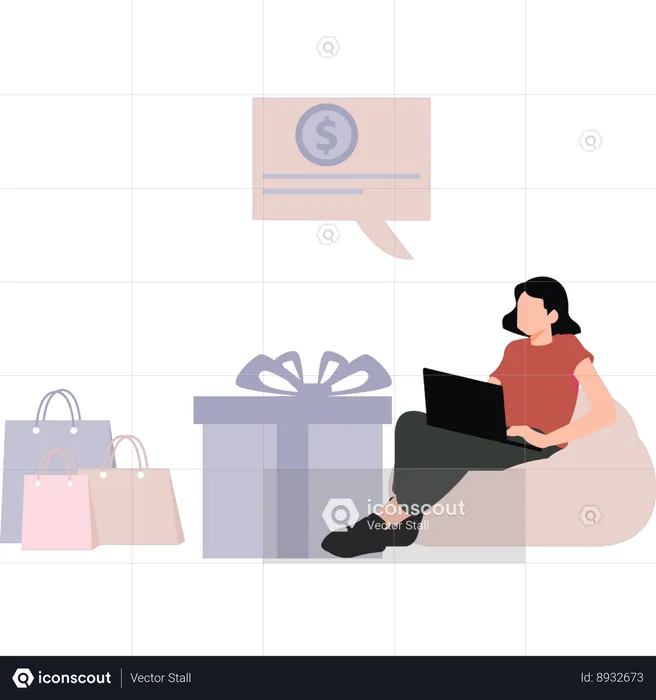 Girl doing online shopping on laptop  Illustration