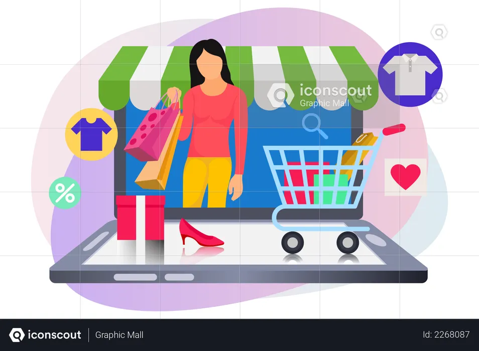 Girl doing online shopping on mobile  Illustration