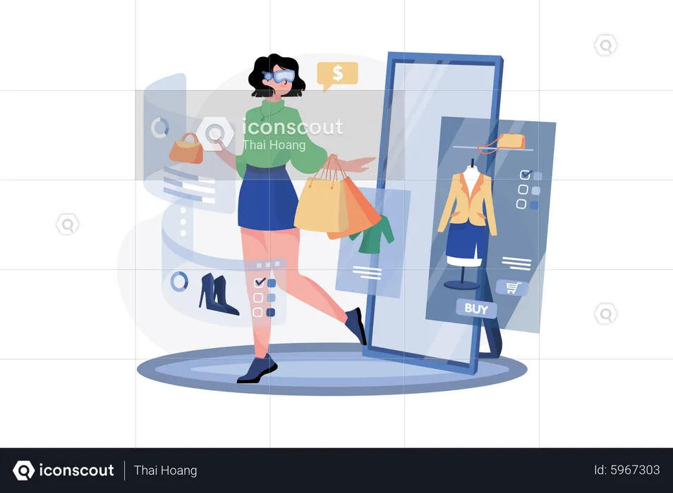 Girl doing online shopping using Metaverse Technology  Illustration