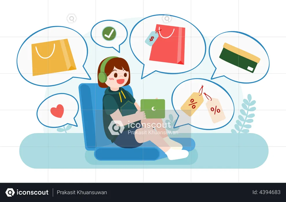 Girl doing online shopping with consumer rights  Illustration