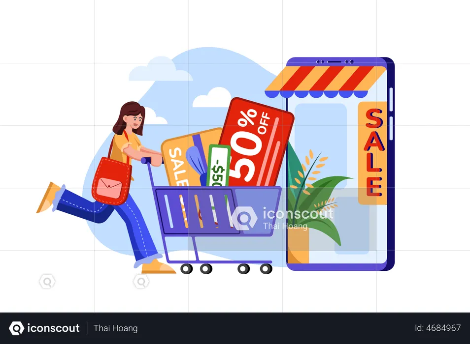 Girl doing online shopping with discount  Illustration