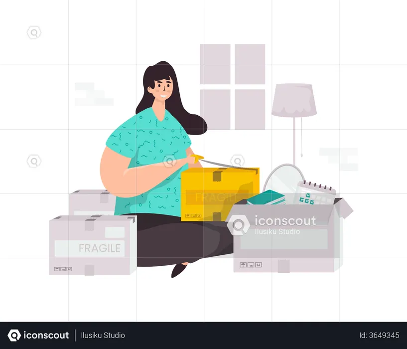 Girl doing packing for house shifting  Illustration