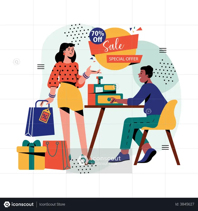 Girl doing payment at checkout counter  Illustration