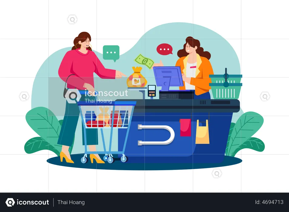 Girl doing payment at the checkout counter  Illustration