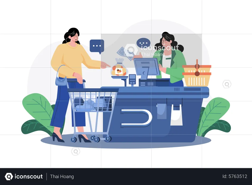 Girl doing payment at the checkout counter  Illustration