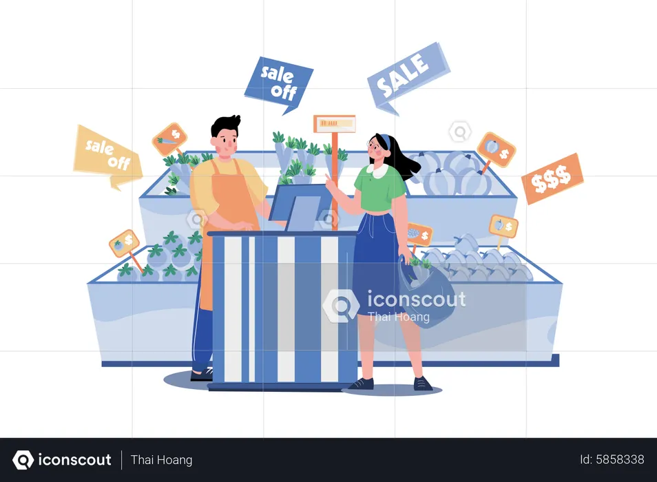 Girl doing payment at the checkout counter  Illustration